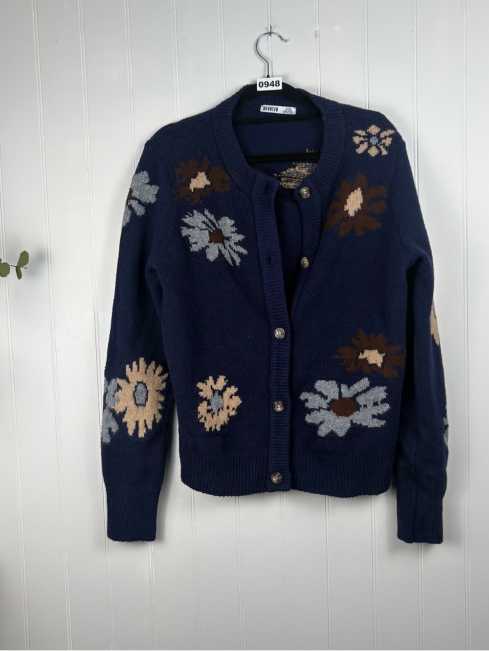 Devoted Floral Knit Cardigan Navy Blue Button Up Sweater Size M
